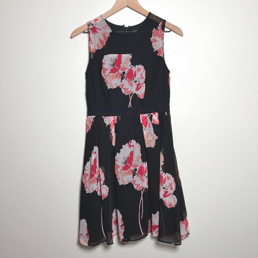 Ann Taylor Black Pink Floral Sleeveless Fit Flare Dress Sheer Size 0 Feminine